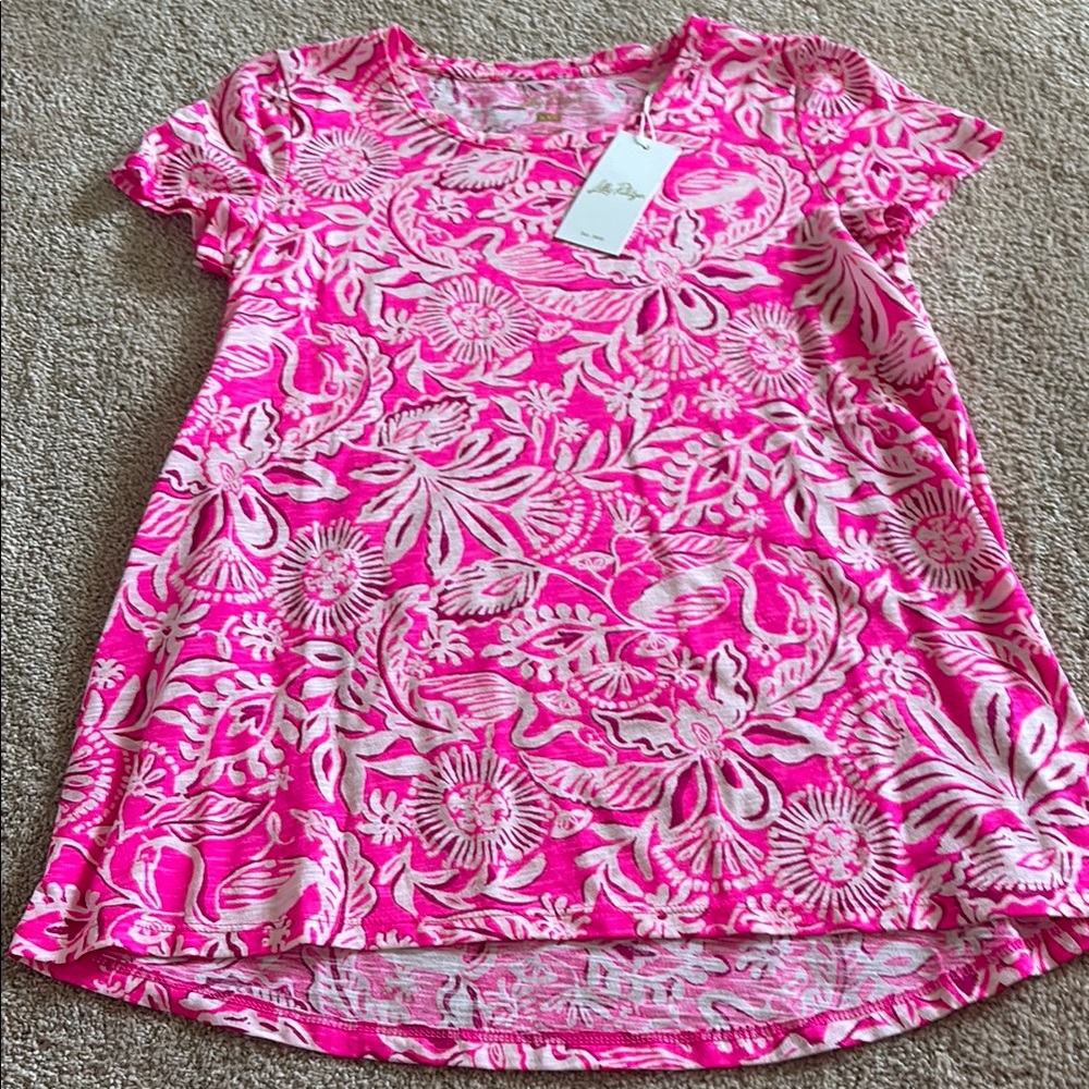 Lilly Pulitzer Etta Cotton Pink and Cream Floral Flamingo Top